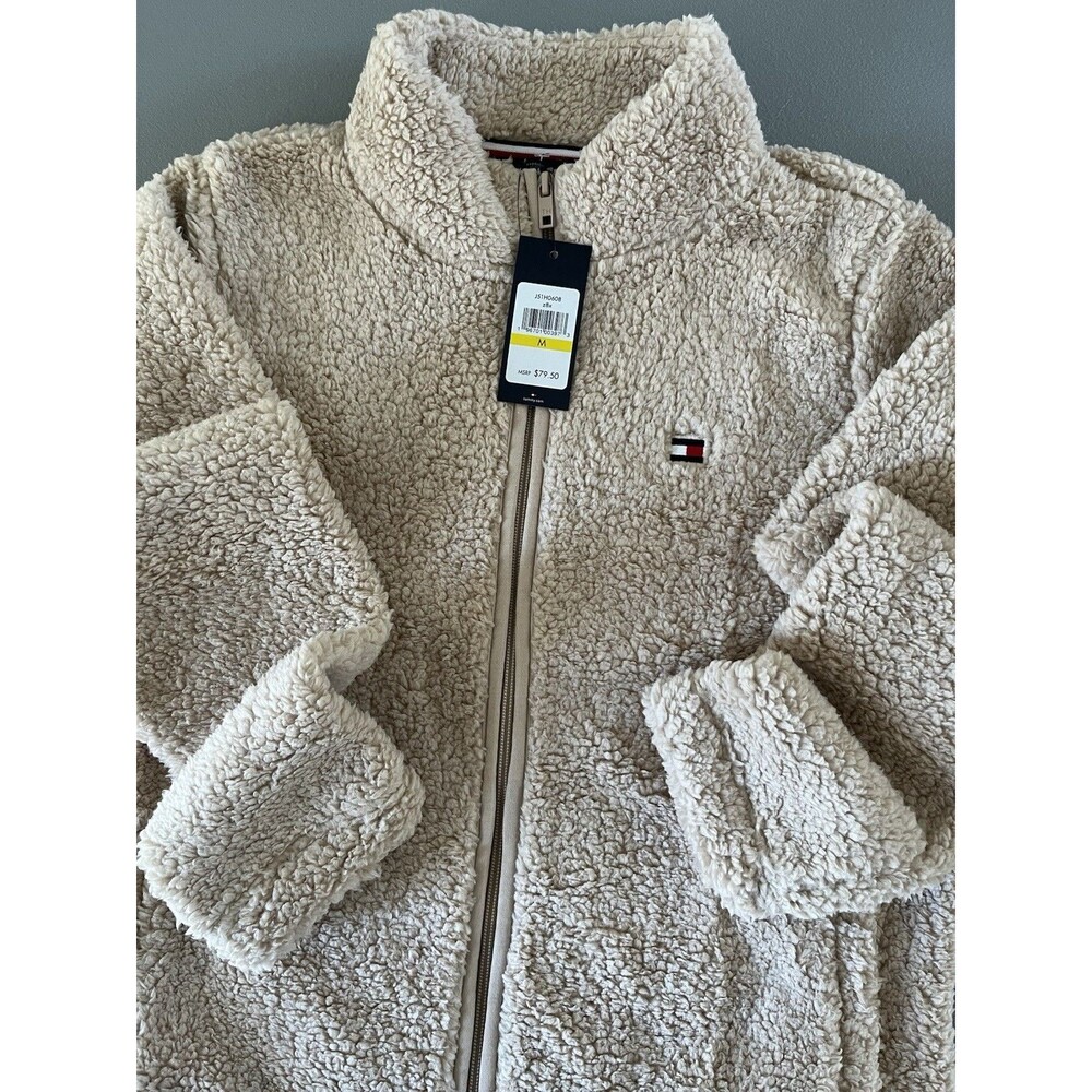 Tommy Hilfiger Womens Fleece Sweater Medium Beige Full Zip Cozy Casual Luxe NWT